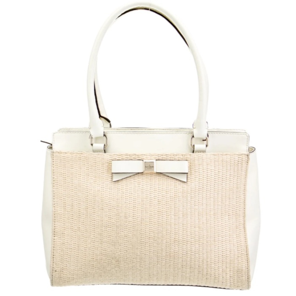 Kate Spade Raffia Trimmed Soft White Leather Bow Tote EUC Retail $375